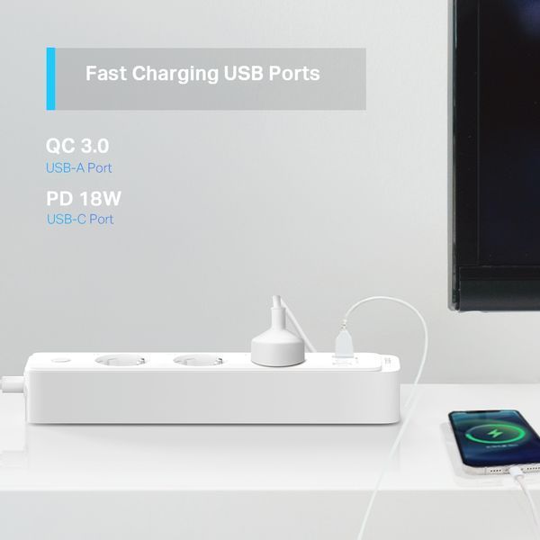 Розумний Wi-Fi мережевий фільтр-подовжувач TP-Link Tapo P300 1.5 м 2 x USB-A + USB-C White 36424 фото