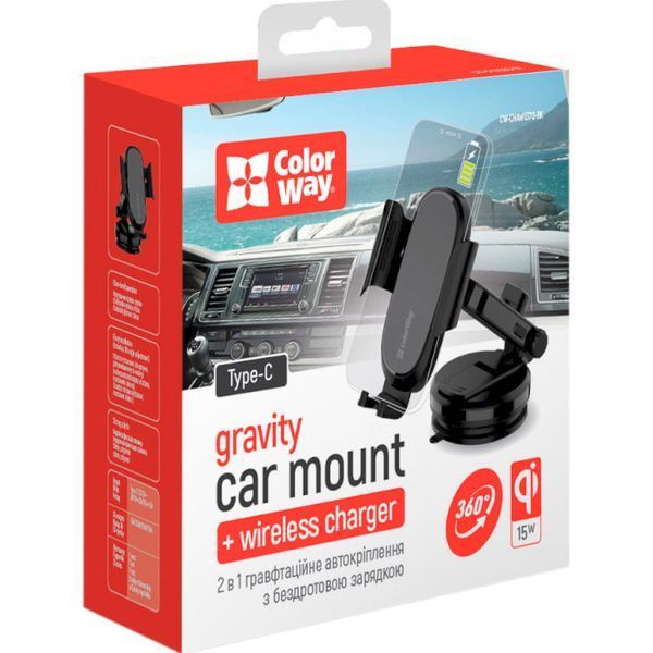 Автотримач для телефону ColorWay Dashboard Car Wireless Charger 15W Black 139106 фото