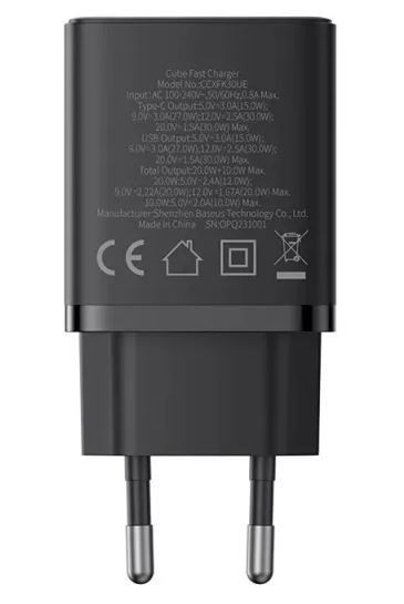 Мережевий зарядний пристрій Baseus Cube Fast Charger Type-C+USB 30W Cluster Black EU (P10111404113-00) 55544 фото