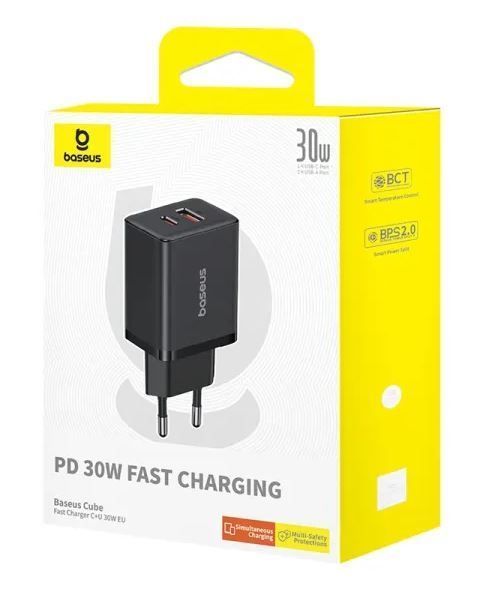 Мережевий зарядний пристрій Baseus Cube Fast Charger Type-C+USB 30W Cluster Black EU (P10111404113-00) 55544 фото