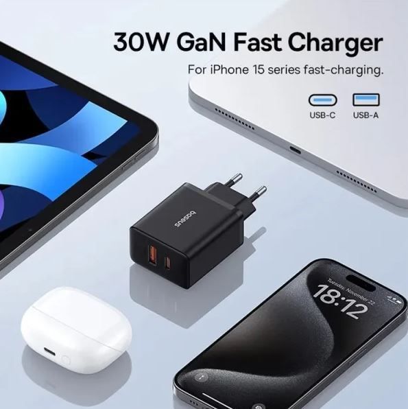 Мережевий зарядний пристрій Baseus Cube Fast Charger Type-C+USB 30W Cluster Black EU (P10111404113-00) 55544 фото
