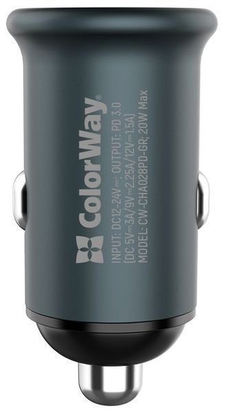 Автомобільний зарядний пристрій ColorWay 1USB Power Delivery Port USB Type-C (20W) Gray 27386 фото