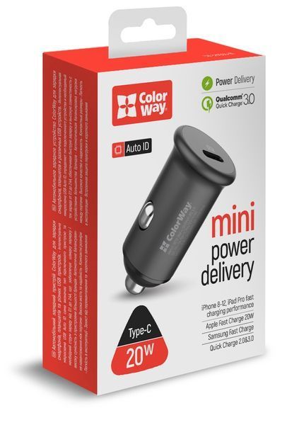 Автомобільний зарядний пристрій ColorWay 1USB Power Delivery Port USB Type-C (20W) Gray 27386 фото