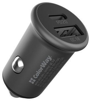 Автомобільний зарядний пристрій ColorWay 2USB Type-C PD20W + USB QC3.0 (38W) Gray 27387 фото