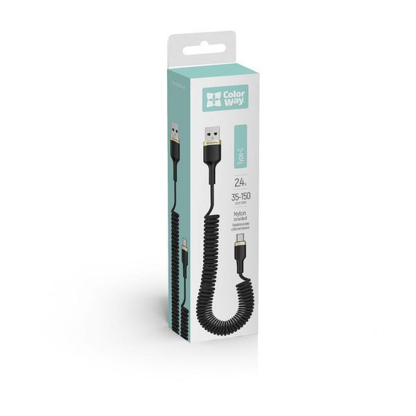 Кабель ColorWay USB - Type-C (spiral) 2.4А 35-150см чорний 22707 фото