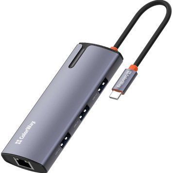 USB-хаб ColorWay USB-C - 3xUSB-A 3.0 USB-A 2.0 RJ-45 USB-C PD 100W Dark Grey (CW-HUB03) 149119 фото