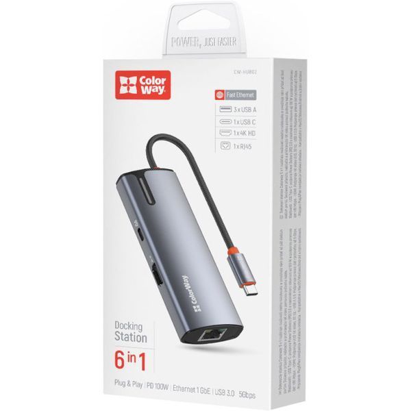 USB-хаб ColorWay USB-C - 3xUSB-A 3.0 HDMI 4K RJ-45 USB-C PD 100W Dark Grey (CW-HUB02) 149118 фото