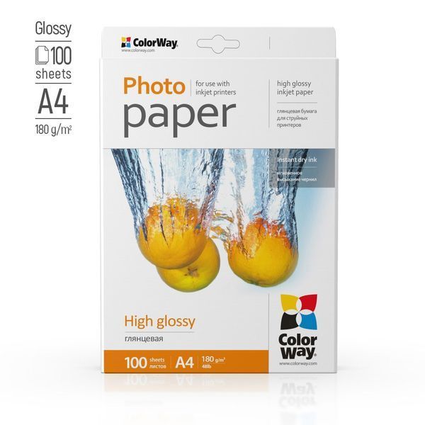 Фотопапір ColorWay глянцевий 180 г/м&sup2;, A4, 100 арк. (PG180100A4) 33502 фото