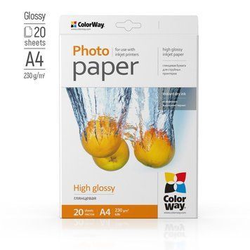 Фотопапiр ColorWay глянцевий 230г/м2 A4 20арк. (PG230020A4) 33531 фото